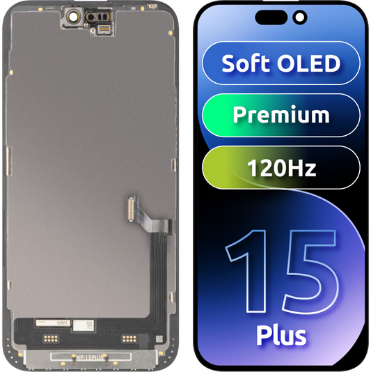 MP Touchscreen-display kompatibelt med Apple iPhone 15 Plus, med ramme, Premium Soft OLED FHD 120Hz version, sort