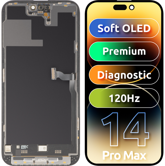 MP Touchscreen-display kompatibelt med Apple iPhone 14 Pro Max, med ramme, Premium Soft OLED FHD 120Hz Diagnostic version, sort
