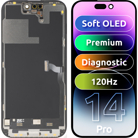 MP Touchscreen-display kompatibelt med Apple iPhone 14 Pro, med ramme, Premium Soft OLED FHD 120Hz Diagnostic version, sort