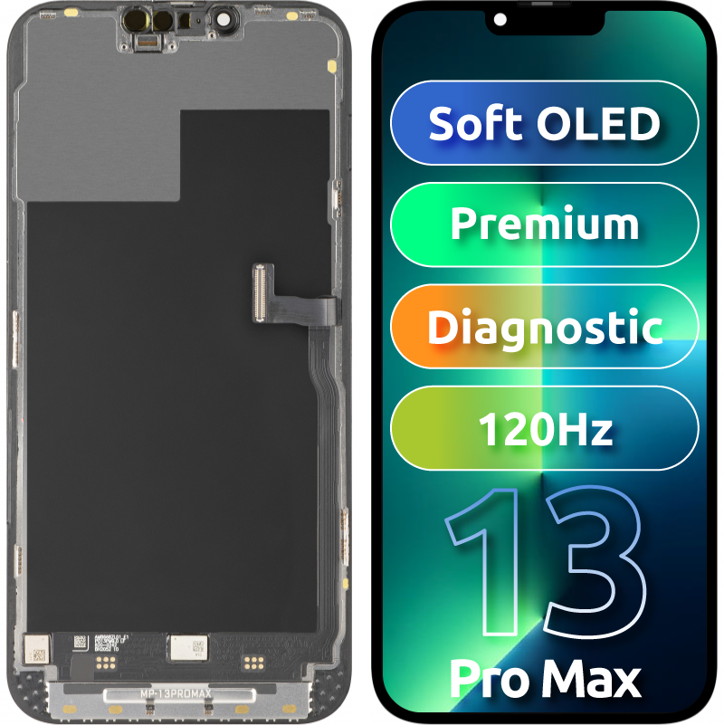 MP Touchscreen-display kompatibelt med Apple iPhone 13 Pro Max, med ramme, Premium Soft OLED FHD 120Hz diagnostisk version, sort
