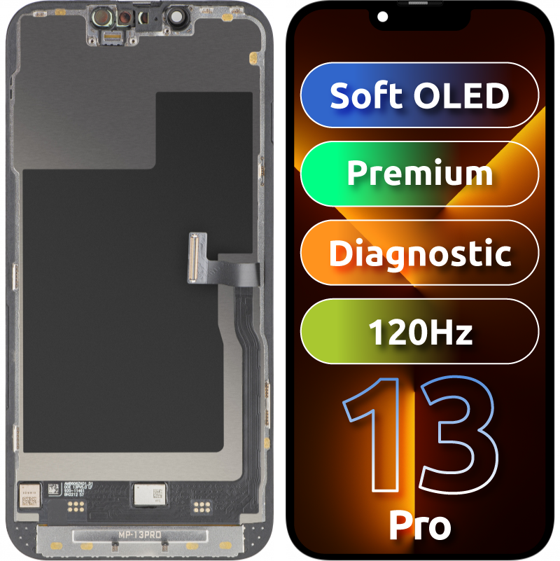 MP Touchscreen-display kompatibelt med Apple iPhone 13 Pro, med ramme, Premium Soft OLED FHD 120Hz diagnostisk version, sort