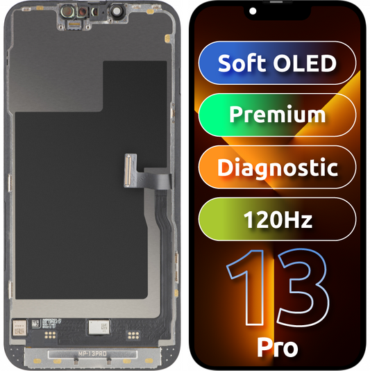 MP Touchscreen-display kompatibelt med Apple iPhone 13 Pro, med ramme, Premium Soft OLED FHD 120Hz diagnostisk version, sort