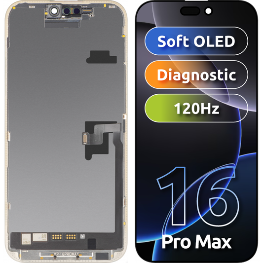 MP Touchscreen-display kompatibelt med Apple iPhone 16 Pro Max, med ramme, Soft Version OLED FHD Diagnostic, sort