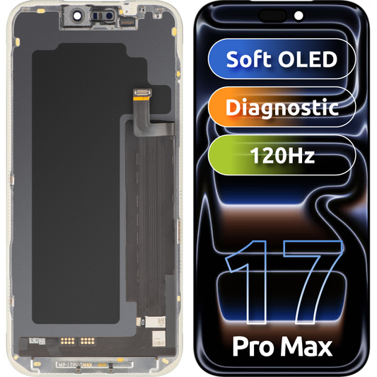 MP Touchscreen-display kompatibelt med Apple iPhone 17 Pro Max, med ramme, Soft Version OLED FHD Diagnostic, sort