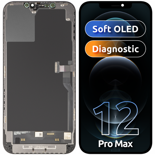 MP Touchscreen-display kompatibelt med Apple iPhone 12 Pro Max, med ramme, Soft OLED FHD Diagnostic version, sort