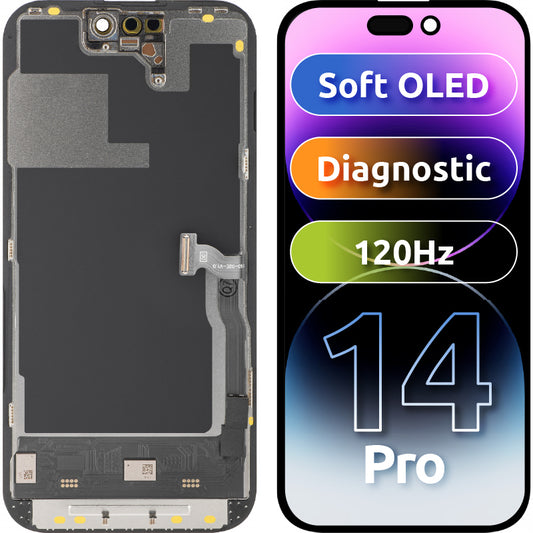 Display med MP touchscreen kompatibel med Apple iPhone 14 Pro, med ramme, Soft OLED 120Hz FHD Diagnostic version, Sort