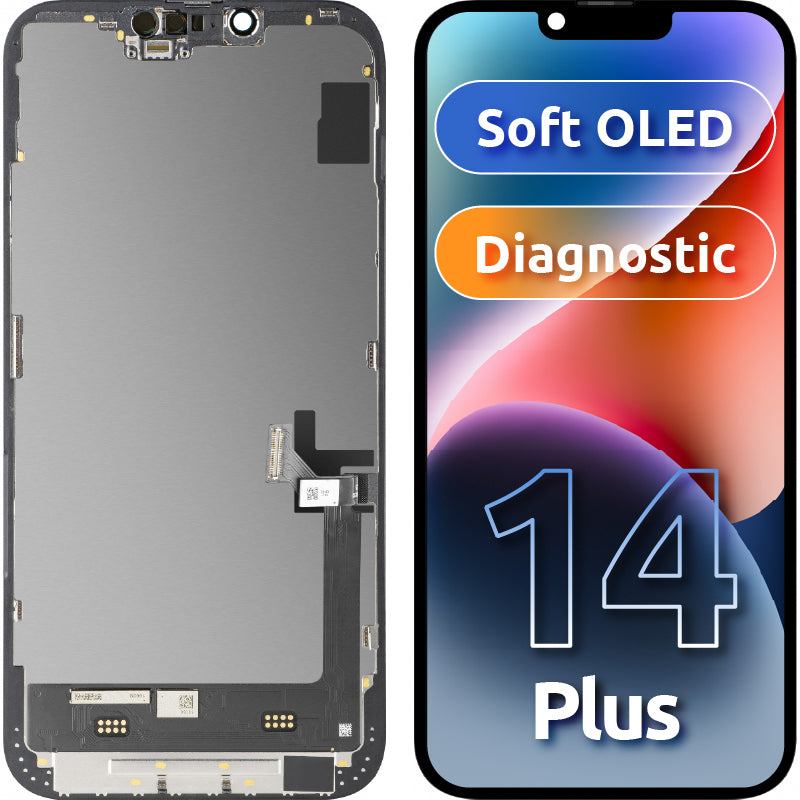 Display med MP touchscreen kompatibel med Apple iPhone 14 Plus, med ramme, Soft OLED FHD Diagnostic version, Sort