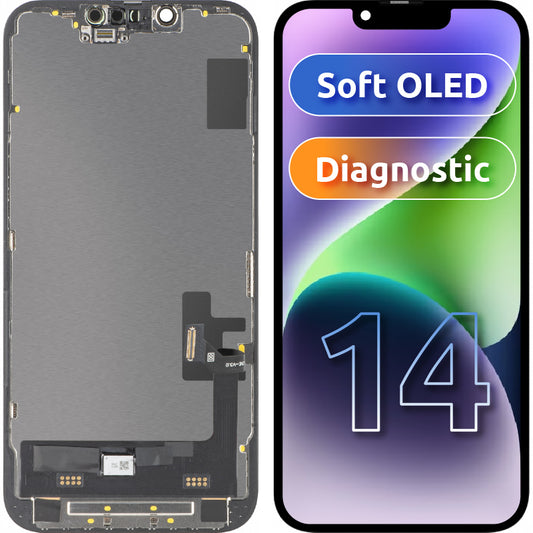 Display med MP touchscreen kompatibel med Apple iPhone 14, med ramme, Soft OLED FHD Diagnostic version, Sort