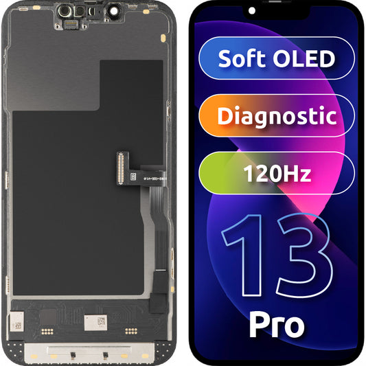 Display med MP touchscreen kompatibel med Apple iPhone 13 Pro, med ramme, Soft OLED 120Hz FHD Diagnostic version, Sort