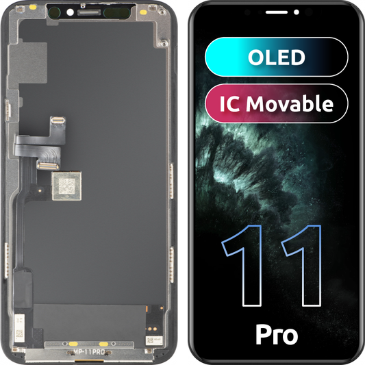 MP Touchscreen-display kompatibelt med Apple iPhone 11 Pro, med ramme, OLED FHD IC flytbar version, sort