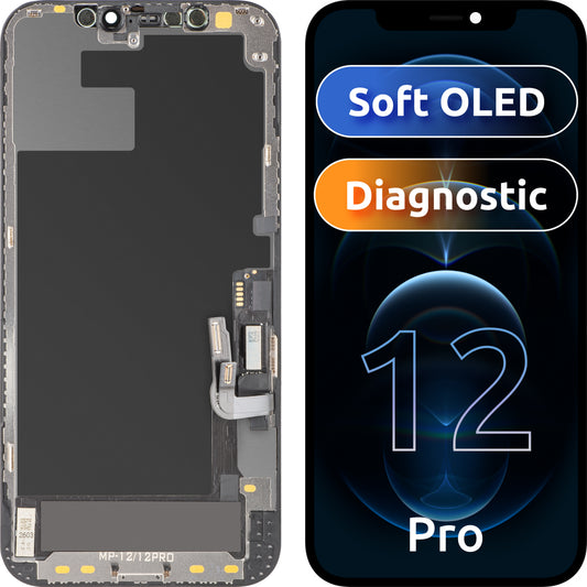 MP Touchscreen-display kompatibelt med Apple iPhone 12 / 12 Pro, med ramme, OLED FHD Diagnostic softversion, sort