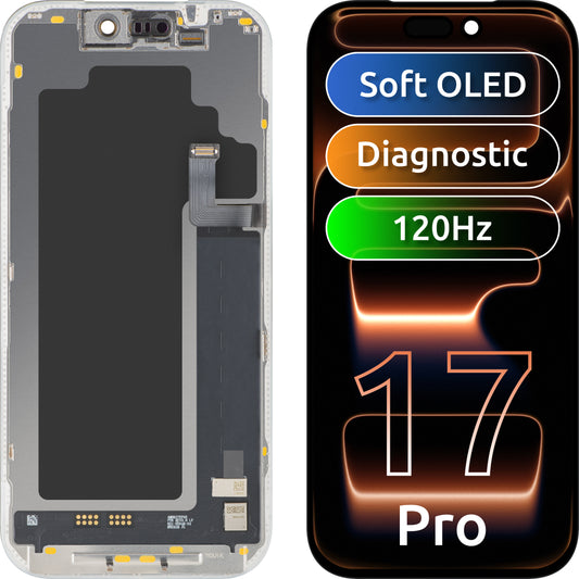 MP Touchscreen-display kompatibelt med Apple iPhone 17 Pro, med ramme, Soft OLED FHD 120Hz Diagnostic version, sort