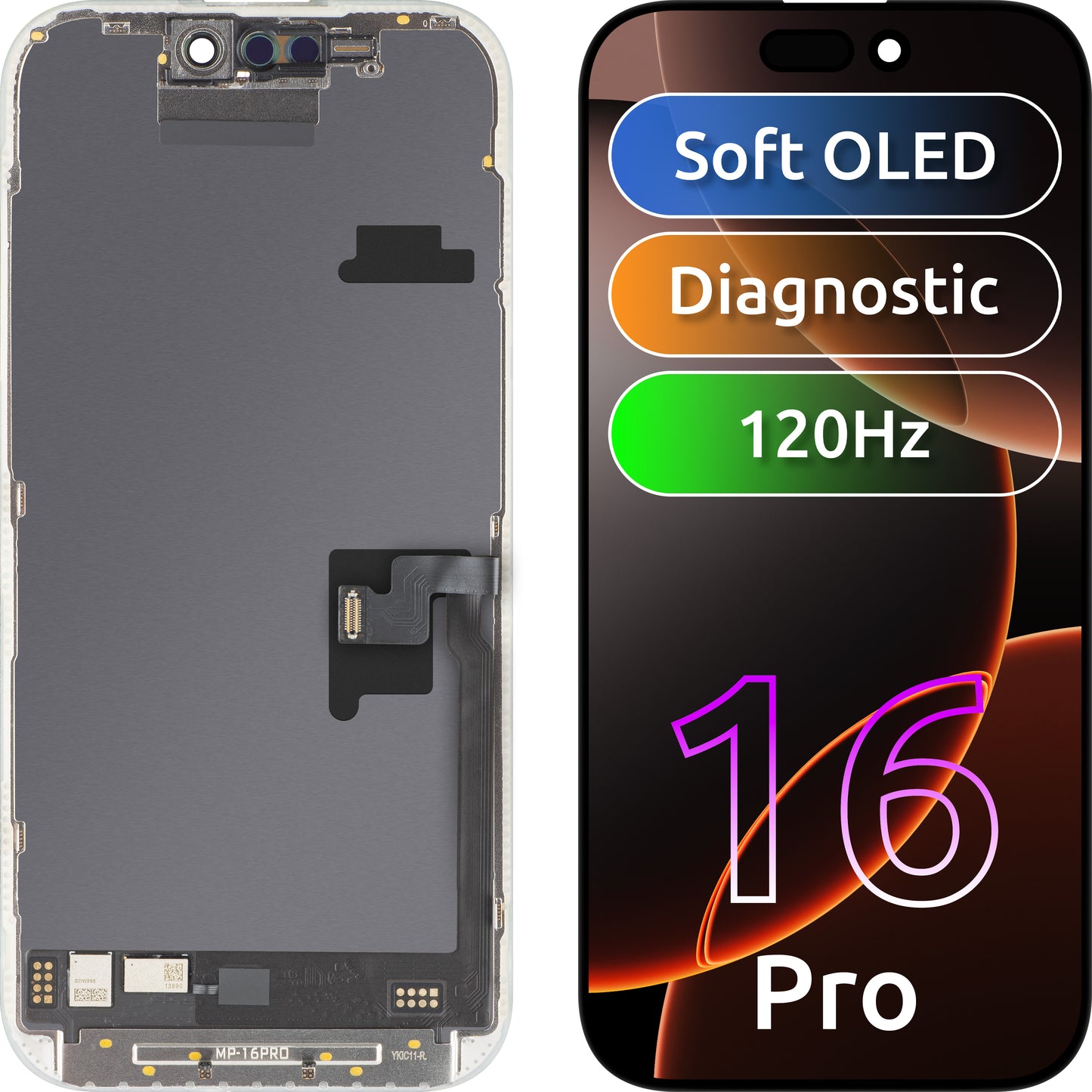 MP Touchscreen-display kompatibelt med Apple iPhone 16 Pro, med ramme, Soft OLED FHD 120Hz Diagnostic version, sort