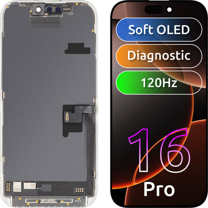 MP Touchscreen-display kompatibelt med Apple iPhone 16 Pro, med ramme, Soft OLED FHD 120Hz Diagnostic version, sort