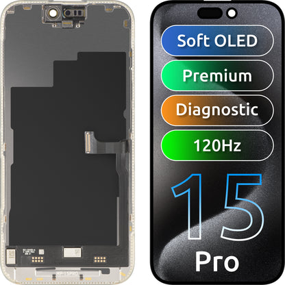 MP Touchscreen-display kompatibelt med Apple iPhone 15 Pro, med ramme, Premium Soft OLED FHD 120Hz Diagnostic version, sort