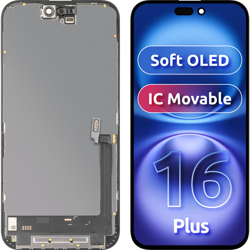 MP Touchscreen Display compatible with Apple iPhone 16 Plus, with Frame, Soft OLED IC Movable FHD Version, Black
