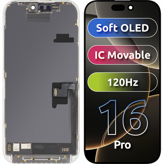 Display med MP touchscreen kompatibel med Apple iPhone 16 Pro, med ramme, Soft OLED FHD 120Hz IC Movable version, Sort