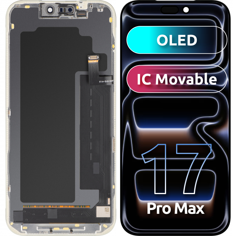 MP Touchscreen-display kompatibel med Apple iPhone 17 Pro Max, med ramme, OLED FHD IC Movable-version, sort