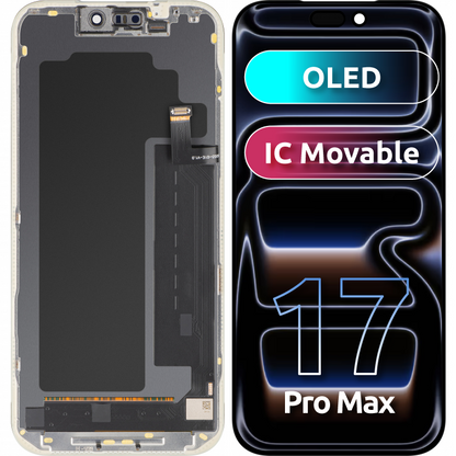 MP Touchscreen-display kompatibel med Apple iPhone 17 Pro Max, med ramme, OLED FHD IC Movable-version, sort
