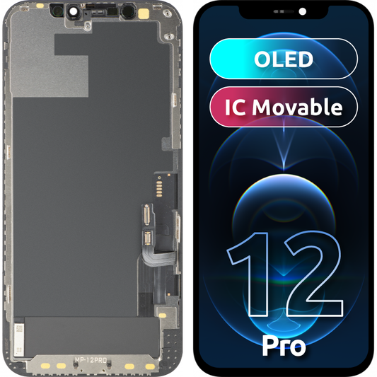 MP Touchscreen-display kompatibelt med Apple iPhone 12 / 12 Pro, med ramme, OLED FHD IC flytbar version, sort