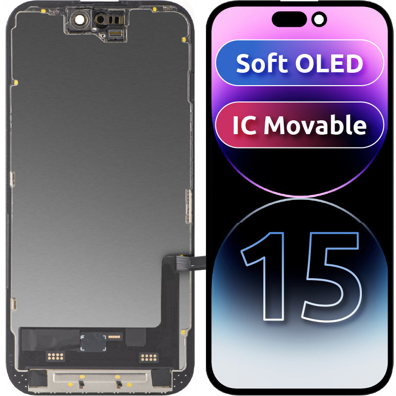 Display med MP touchscreen kompatibel med Apple iPhone 15, med ramme, Soft OLED FHD IC Movable version, Sort