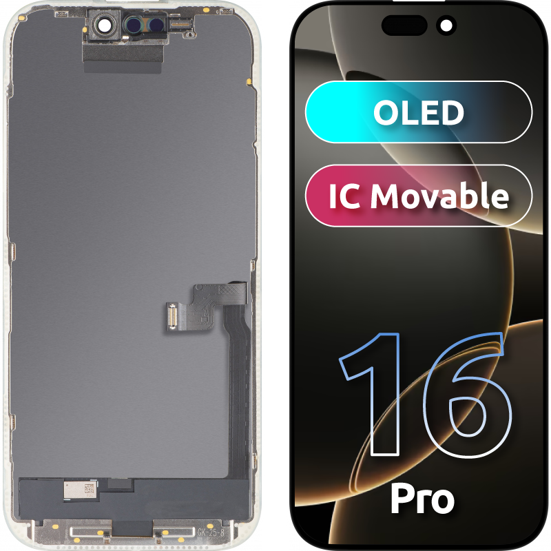 Display med MP touchscreen kompatibel med Apple iPhone 16 Pro, med ramme, OLED FHD IC Movable version, Sort