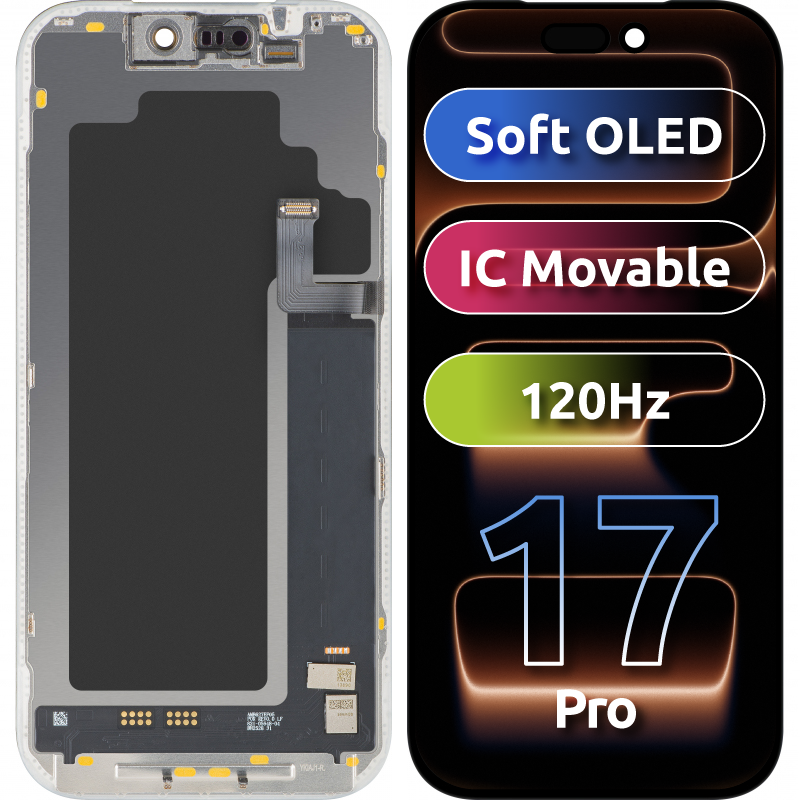 MP Touchscreen-display kompatibelt med Apple iPhone 17 Pro, med ramme, Soft OLED FHD 120Hz IC flytbar version, sort