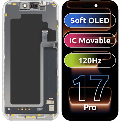 MP Touchscreen-display kompatibelt med Apple iPhone 17 Pro, med ramme, Soft OLED FHD 120Hz IC flytbar version, sort