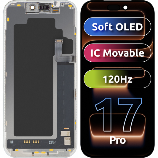 MP Touchscreen-display kompatibelt med Apple iPhone 17 Pro, med ramme, Soft OLED FHD 120Hz IC flytbar version, sort
