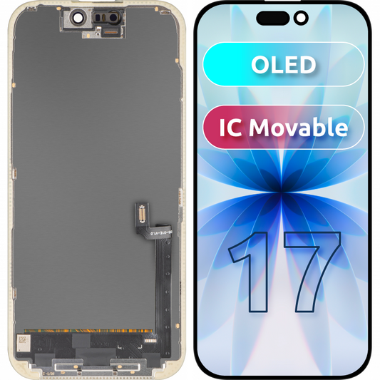 MP Touchscreen-display kompatibelt med Apple iPhone 17, med ramme, OLED FHD IC Movable-version, sort