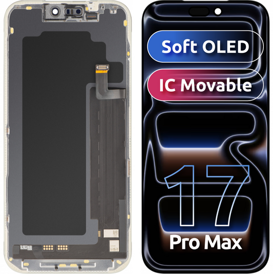 MP Touchscreen-display kompatibel med Apple iPhone 17 Pro Max, med ramme, Soft OLED FHD IC Movable version, sort