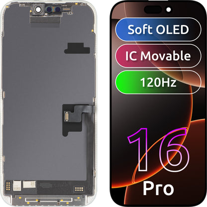 Display med MP touchscreen kompatibel med Apple iPhone 16 Pro, med ramme, Soft OLED FHD 120Hz IC Movable version, Sort