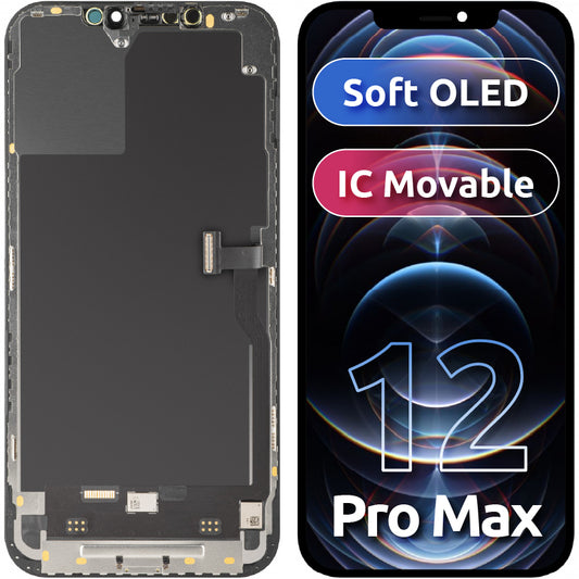 Display med MP touchscreen kompatibel med Apple iPhone 12 Pro Max, med ramme, Soft OLED IC Movable FHD version, Sort