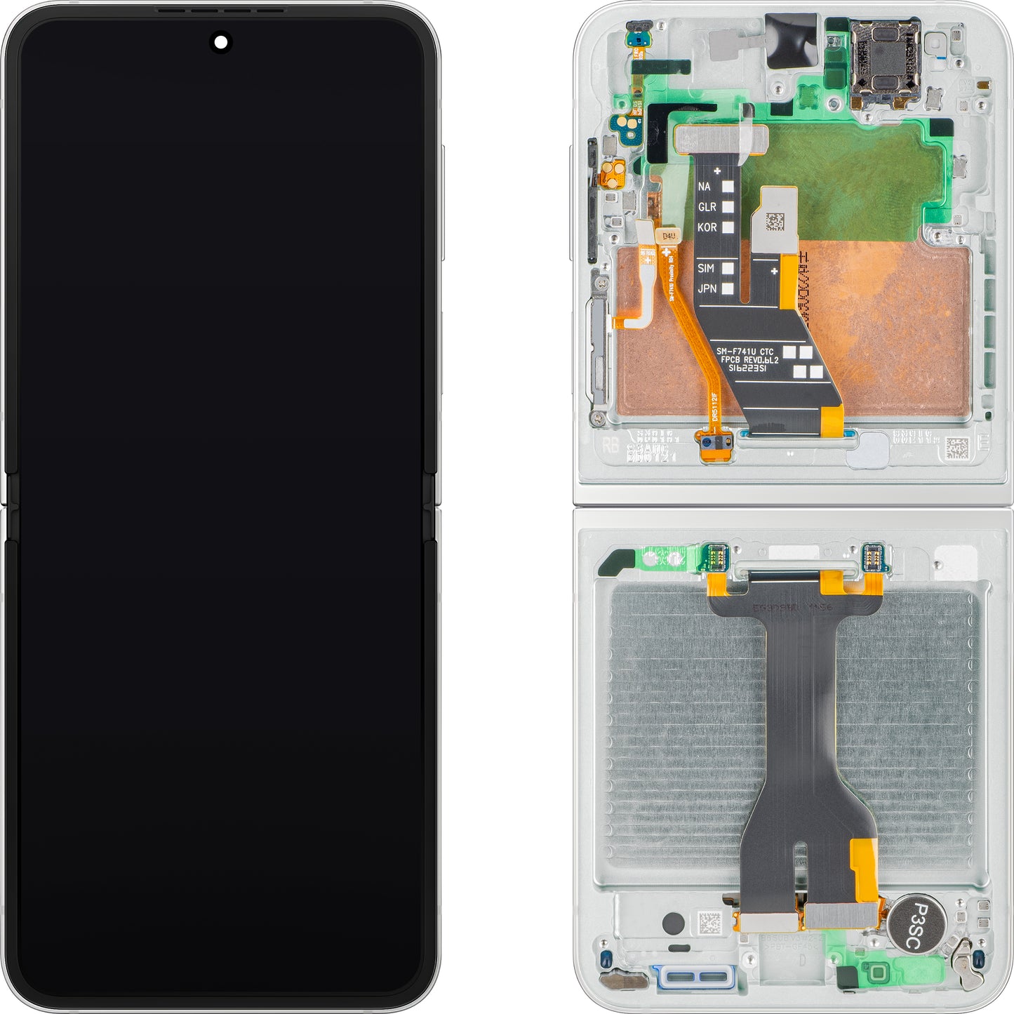 Display med Touchscreen Samsung Galaxy Z Flip7 FE F761, med Ramme, Under Indre, Hvid, Servicepakke GH82-37734B