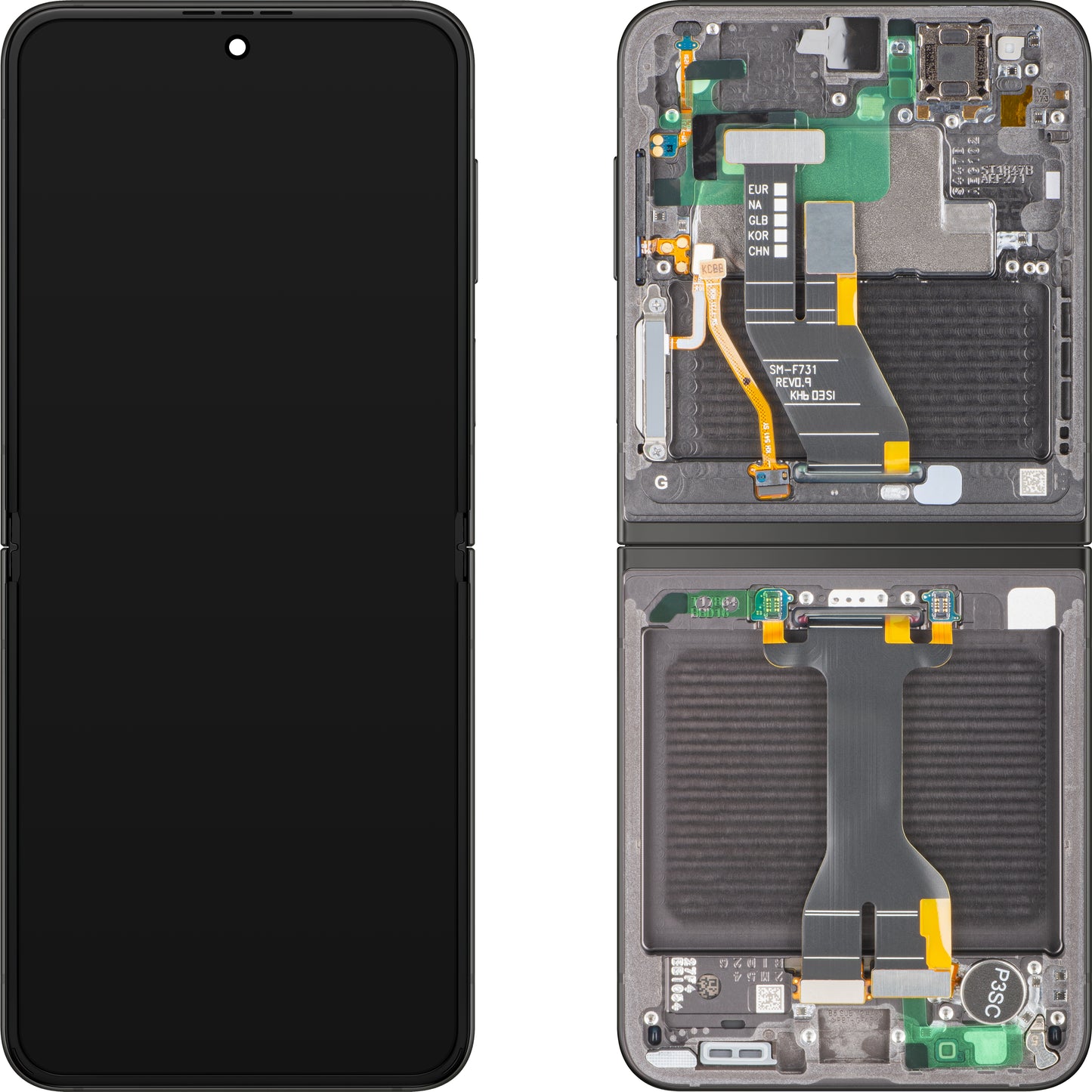 Display med Touchscreen Samsung Galaxy Z Flip5 F731, med Ramme, Under Indre, Grå, Servicepakke GH82-31827E