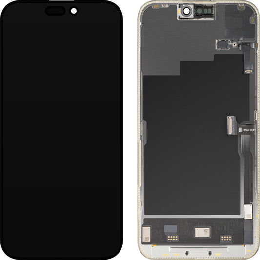 Touchscreen-display med nærhedssensor MP kompatibel med Apple iPhone 15 Pro Max, med ramme, Soft Version OLED FHD 120Hz Diagnostic, sort