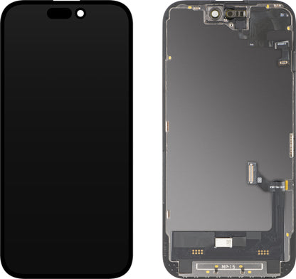 Touchscreen-display med MP-nærhedssensor kompatibel med Apple iPhone 15, med ramme, OLED FHD Diagnostic softwareversion, sort