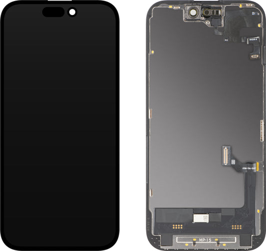 Touchscreen-display med MP-nærhedssensor kompatibel med Apple iPhone 15, med ramme, OLED FHD Diagnostic softwareversion, sort