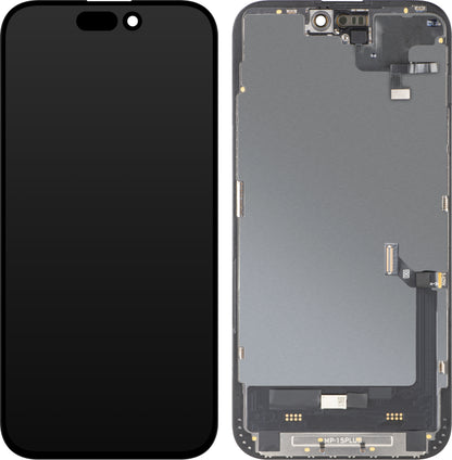 Touchscreen-display med MP-nærhedssensor kompatibel med Apple iPhone 15 Plus, med ramme, OLED FHD diagnostisk softwareversion, sort
