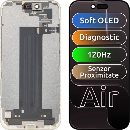 Touchscreen-display med lysnærhedssensor MP kompatibel med Apple iPhone 17 Air, med ramme, OLED FHD 120Hz softversion til diagnosticering, sort