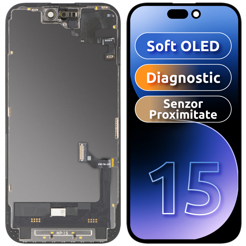 Touchscreen-display med MP-nærhedssensor kompatibel med Apple iPhone 15, med ramme, OLED FHD Diagnostic softwareversion, sort
