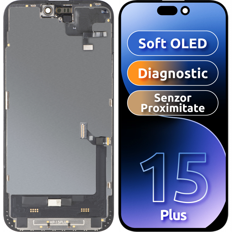 Touchscreen-display med MP-nærhedssensor kompatibel med Apple iPhone 15 Plus, med ramme, OLED FHD diagnostisk softwareversion, sort