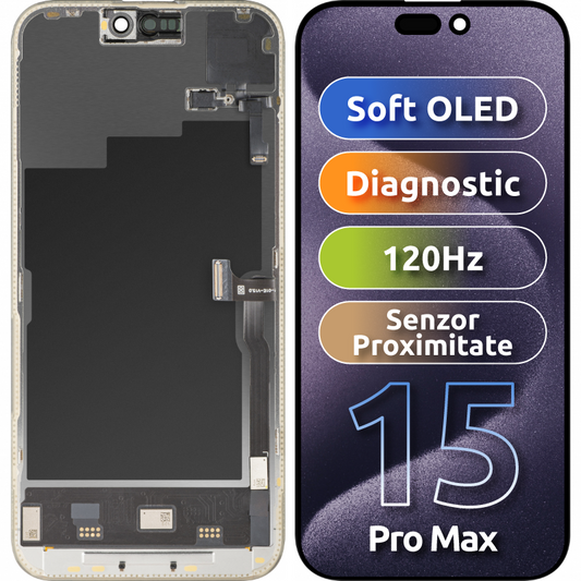 Touchscreen-display med nærhedssensor MP kompatibel med Apple iPhone 15 Pro Max, med ramme, Soft Version OLED FHD 120Hz Diagnostic, sort