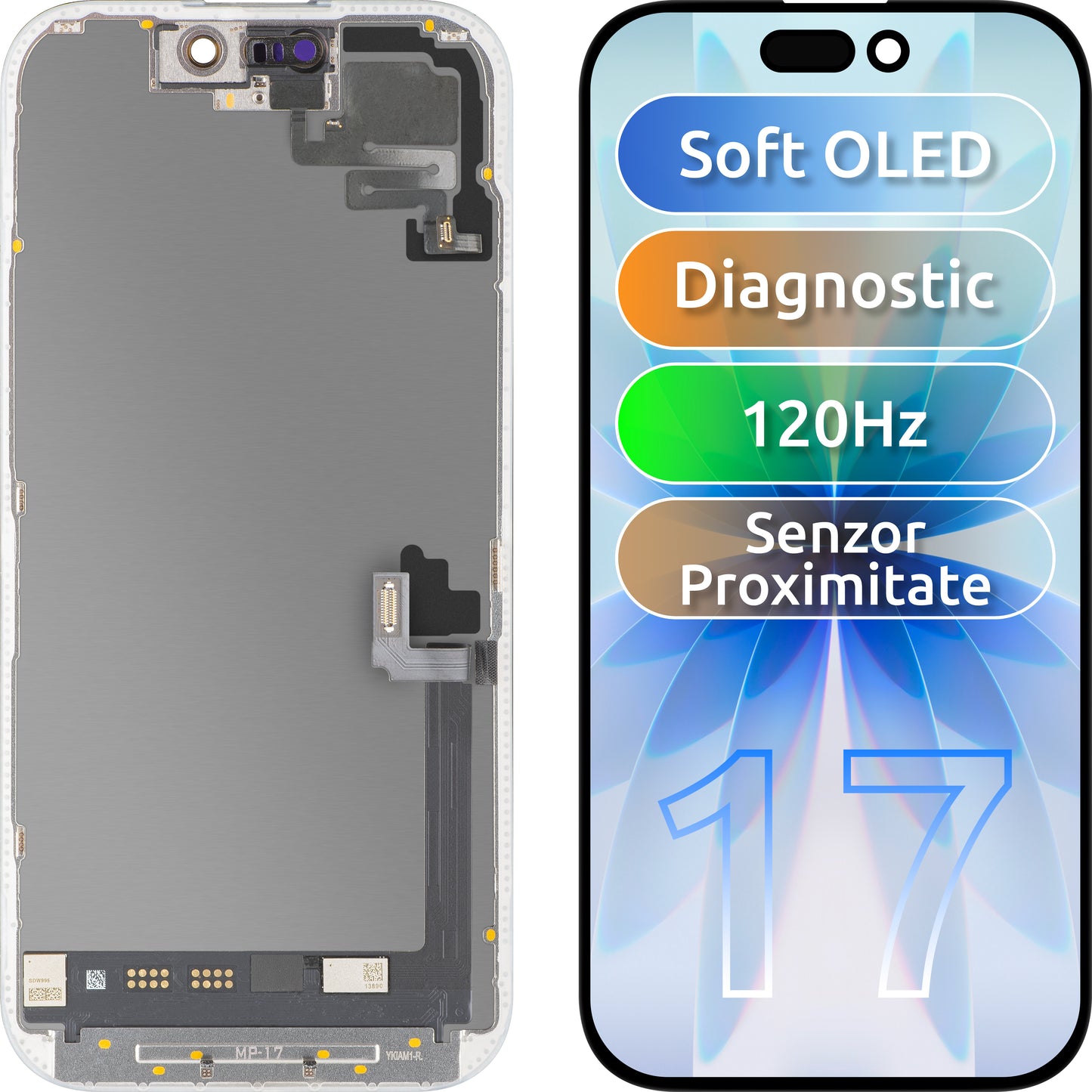 Touchscreen-display med nærhedssensor MP kompatibel med Apple iPhone 17, med ramme, OLED FHD 120Hz diagnostisk softwareversion, sort