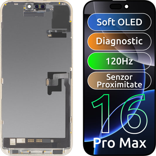 Touchscreen-display med nærhedssensor MP kompatibel med Apple iPhone 16 Pro Max, med ramme, Soft Version OLED FHD 120Hz Diagnostic, sort