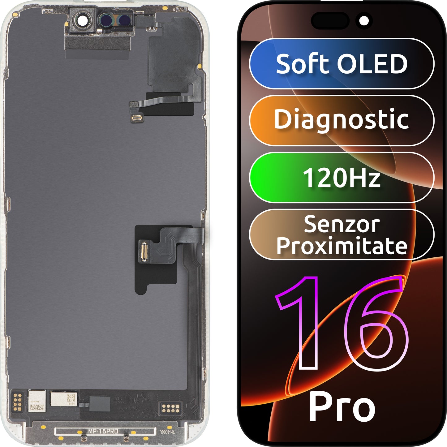 Touchscreen Display with Light Proximity Sensor MP compatible with Apple iPhone 16 Pro, with Frame, OLED FHD 120Hz Diagnostic Software Version, Black