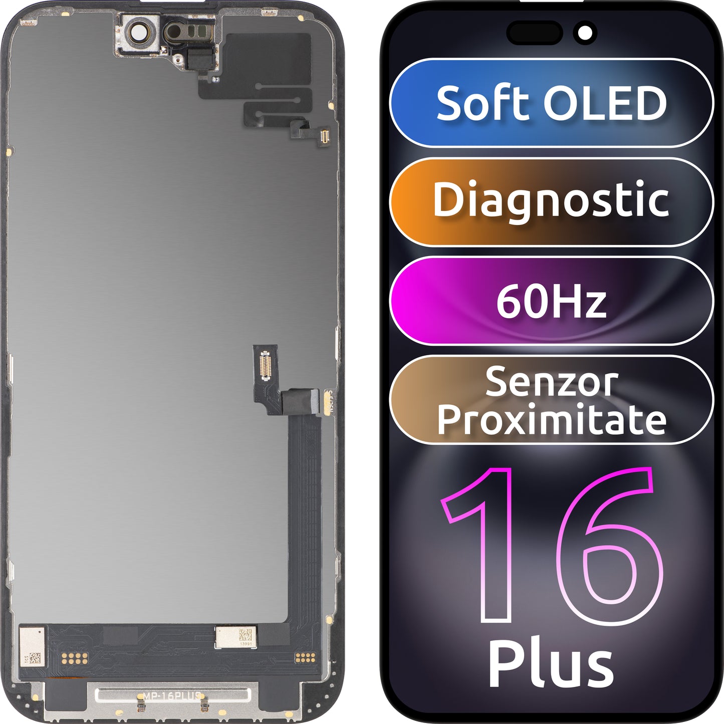 Touchscreen-display med nærhedssensor MP kompatibel med Apple iPhone 16 Plus, med ramme, OLED FHD diagnostisk softwareversion, sort