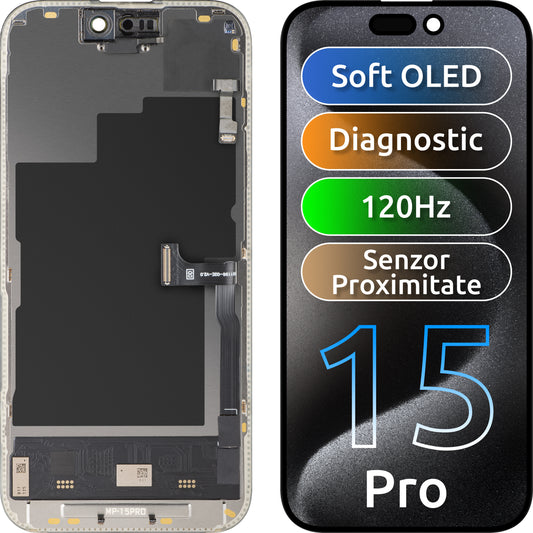 Touchscreen-display med nærhedssensor MP kompatibel med Apple iPhone 15 Pro, med ramme, OLED FHD 120Hz diagnostisk softwareversion, sort