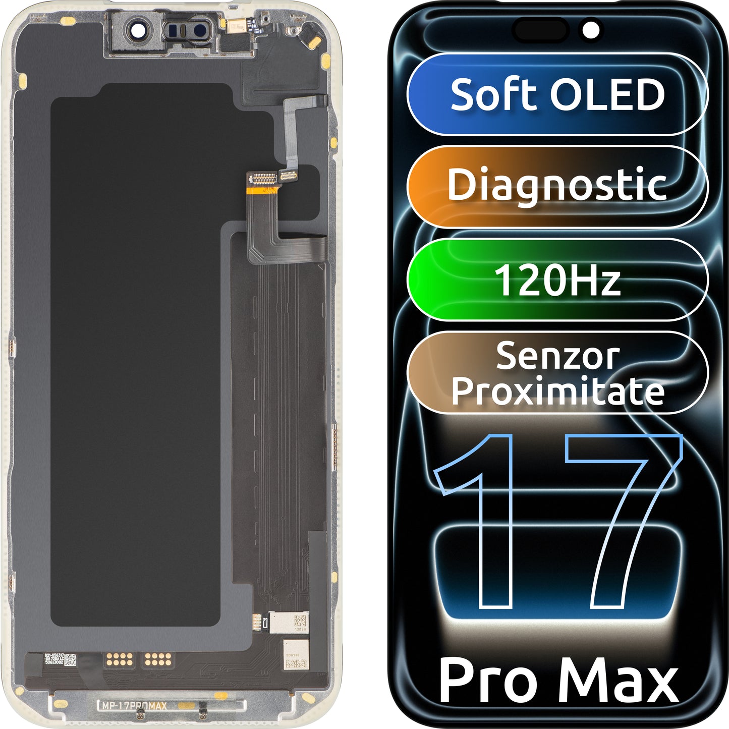 Touchscreen Display with Light Proximity Sensor MP compatible with Apple iPhone 17 Pro Max, with Frame, OLED FHD 120Hz Diagnostic Software Version, Black