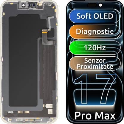 Touchscreen Display with Light Proximity Sensor MP compatible with Apple iPhone 17 Pro Max, with Frame, OLED FHD 120Hz Diagnostic Software Version, Black